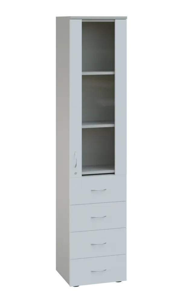 LE - 44 skříň léková prosklená, pravá, korpus šedý, dvířka bílá